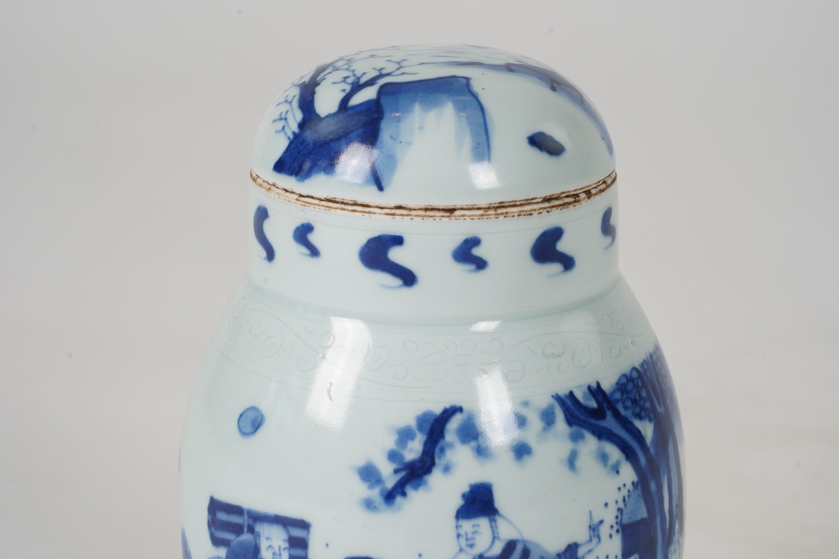 A Chinese blue and white ‘figures in garden’ jar and cover, Chongzhen or later